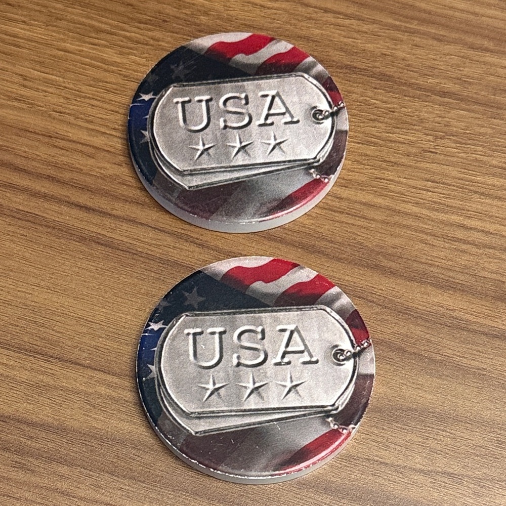 NEW. Set of 2. USA 🇺🇸 Dog Tag Car Coasters.
